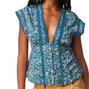 Free People Landy Floral Top - Blue and Yellow - Size Medium